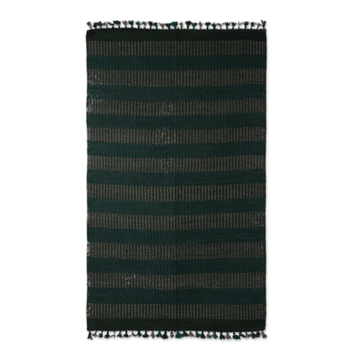 Alfombra de lana, (3x5) - Alfombra india de lana tejida a mano en tonos verdes (3x5)