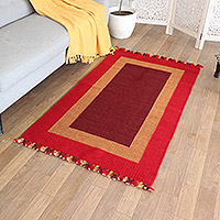 Wool area rug, 'Intense Geometry' (3x5) - Indian Wool Area Rug with Geometric Pattern in Red (3x5)