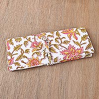 Cotton roll pencil case, 'Florid Friends' - Cotton Roll Pencil Case with Hand-Block Printed Flowers