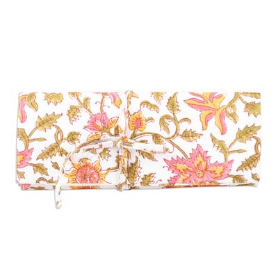 Cotton Roll Pencil Case with Hand-Block Printed Flowers