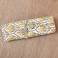 Cotton roll pencil case, 'Glorious Buttercup' - Cotton Roll Pencil Case with Hand-Block Printed Floral Motif
