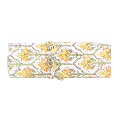 Cotton Roll Pencil Case with Hand-Block Printed Floral Motif