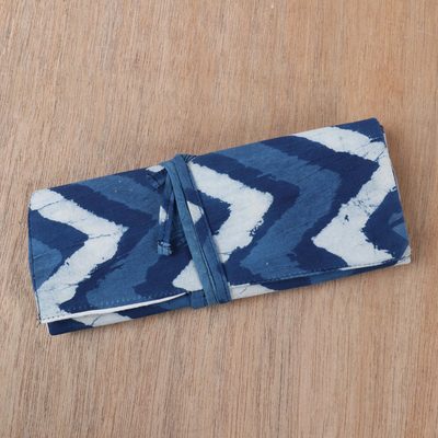 Cotton roll pencil case, 'Azure Waves' - Blue Cotton Roll Pencil Case with Hand-Block Printed Design