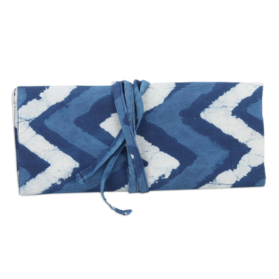 Blue Cotton Roll Pencil Case with Hand-Block Printed Design