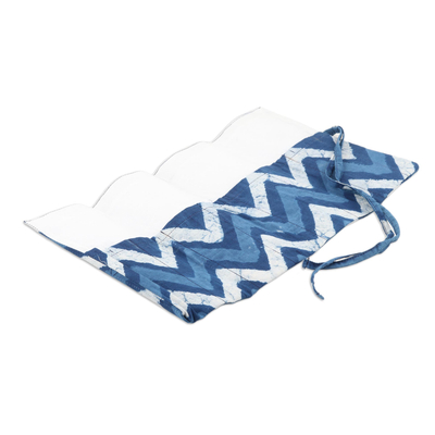 Cotton roll pencil case, 'Azure Waves' - Blue Cotton Roll Pencil Case with Hand-Block Printed Design