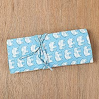 Cotton roll pencil case, 'Cerulean Wild' - Cotton Roll Pencil Case with Hand-Block Printed Elephants