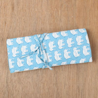 Cotton roll pencil case, 'Cerulean Wild' - Cotton Roll Pencil Case with Hand-Block Printed Elephants
