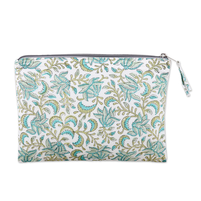 Cotton cosmetic bag, 'Leafy Friends' - Cotton Cosmetic Bag with Hand-Block Printed Leafs & Flowers