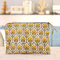 Cotton cosmetic bag, 'Glorious Buttercup' - Cotton Cosmetic Bag with Hand-Block Printed Flowers & Leaves