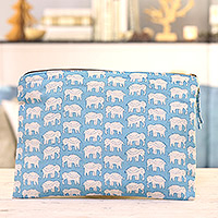 Cotton cosmetic bag, 'Cerulean Wild' - Cotton Cosmetic Bag with Hand-Block Printed Elephant Motif