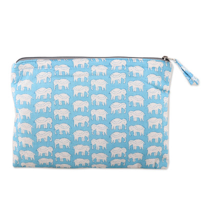 Cotton cosmetic bag, 'Cerulean Wild' - Cotton Cosmetic Bag with Hand-Block Printed Elephant Motif