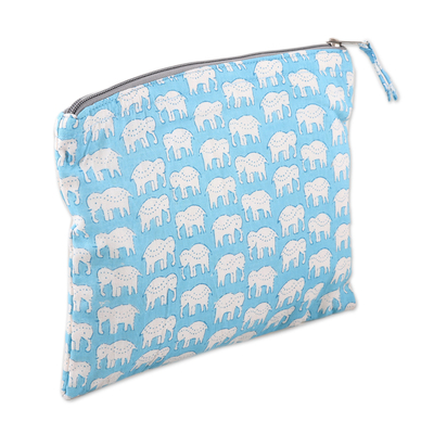 Cotton cosmetic bag, 'Cerulean Wild' - Cotton Cosmetic Bag with Hand-Block Printed Elephant Motif