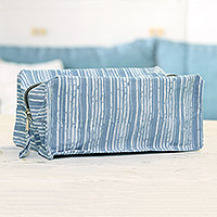 Cotton travel case, 'Sky Contours' - Cotton Travel Case with Hand-Block Printed Striped Pattern