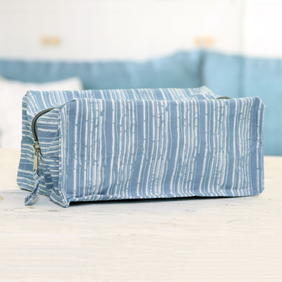 Cotton travel case, 'Sky Contours' - Cotton Travel Case with Hand-Block Printed Striped Pattern