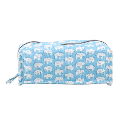 Cotton Travel Case with Hand-Block Printed Elephant Motif