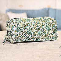 Cotton travel case, 'Leafy Friends' - Cotton Travel Case with Hand-Block Printed Leaves & Flowers