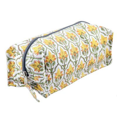 Cotton travel case, 'Glorious Buttercup' - Cotton Travel Case with Hand-Block Printed Flowers & Leaves