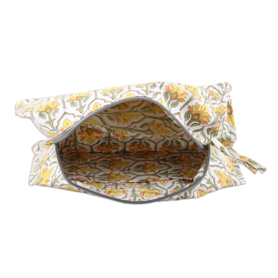 Cotton travel case, 'Glorious Buttercup' - Cotton Travel Case with Hand-Block Printed Flowers & Leaves