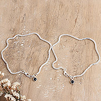 Onyx anklets, 'Radiant Courage' (pair) - Pair of Sterling Silver Anklets with Onyx Charms