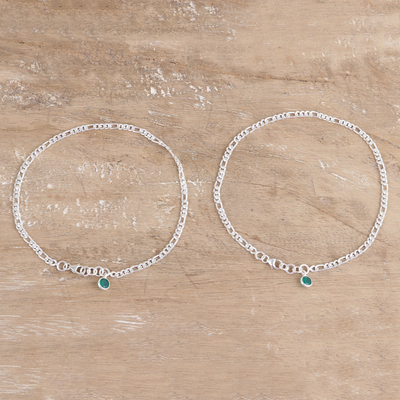 Green onyx anklets, 'Green Nobility' (pair) - Pair of Green Onyx Sterling Silver Anklets from India