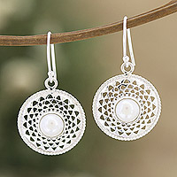 Cultured pearl dangle earrings, 'Innocence Sun' - Sterling Silver Dangle Earrings with Cultured Pearls