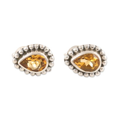 Sterling Silver Stud Earrings with Pear-Shaped Citrine Gems