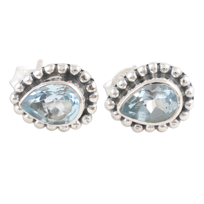 Sterling Silver Stud Earrings with Faceted Blue Topaz Gems