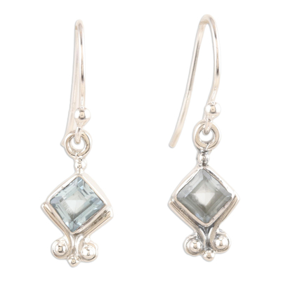 Sterling Silver Dangle Earrings with Faceted Blue Topaz Gems