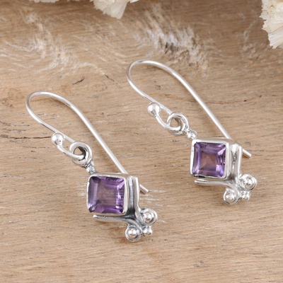 Amethyst dangle earrings, 'Adorable Wisdom' - Sterling Silver Dangle Earrings with Faceted Amethyst Stones