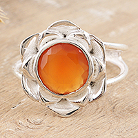 Carnelian cocktail ring, 'Evening Lotus' - Faceted Two-Carat Carnelian Lotus Cocktail Ring from India