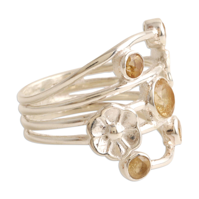 Citrine cocktail ring, 'Victory Blossom' - Floral Sterling Silver Cocktail Ring with Citrine Gemstones