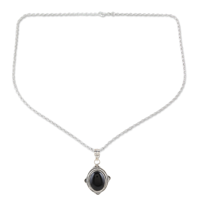 Black Onyx and Sterling Silver Pendant Necklace from India