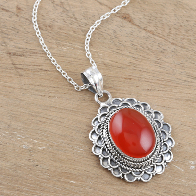 Onyx pendant necklace, 'Crimson Spell' - Sterling Silver and Red Onyx Pendant Necklace from India