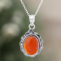 Carnelian pendant necklace, 'Crimson Flame' - Carnelian and Sterling Silver Pendant Necklace from India