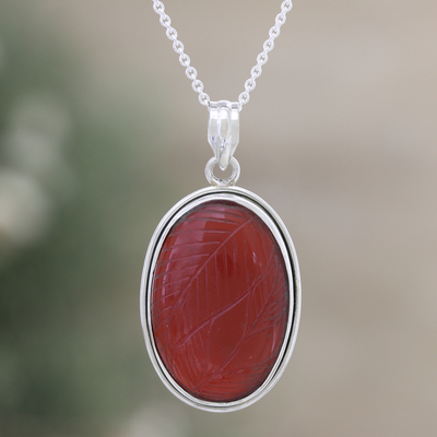 Onyx pendant necklace, 'Leaf Charm' - Red Onyx Pendant Necklace Crafted from Sterling Silver