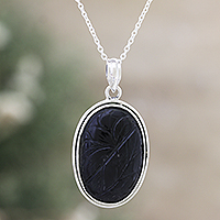 Onyx pendant necklace, 'Leaf Rapture' - Sterling Silver Pendant Necklace with Black Onyx from India