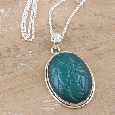 Onyx pendant necklace, 'Leaf Fantasy' - Green Onyx and Sterling Silver Pendant Necklace from India