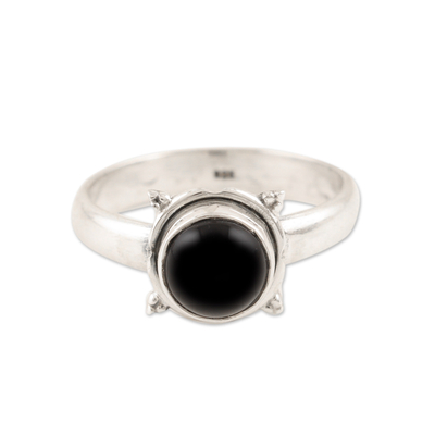 Onyx single stone ring, 'Starry Orb' - Sterling Silver Black Onyx Cabochon Single Stone Ring