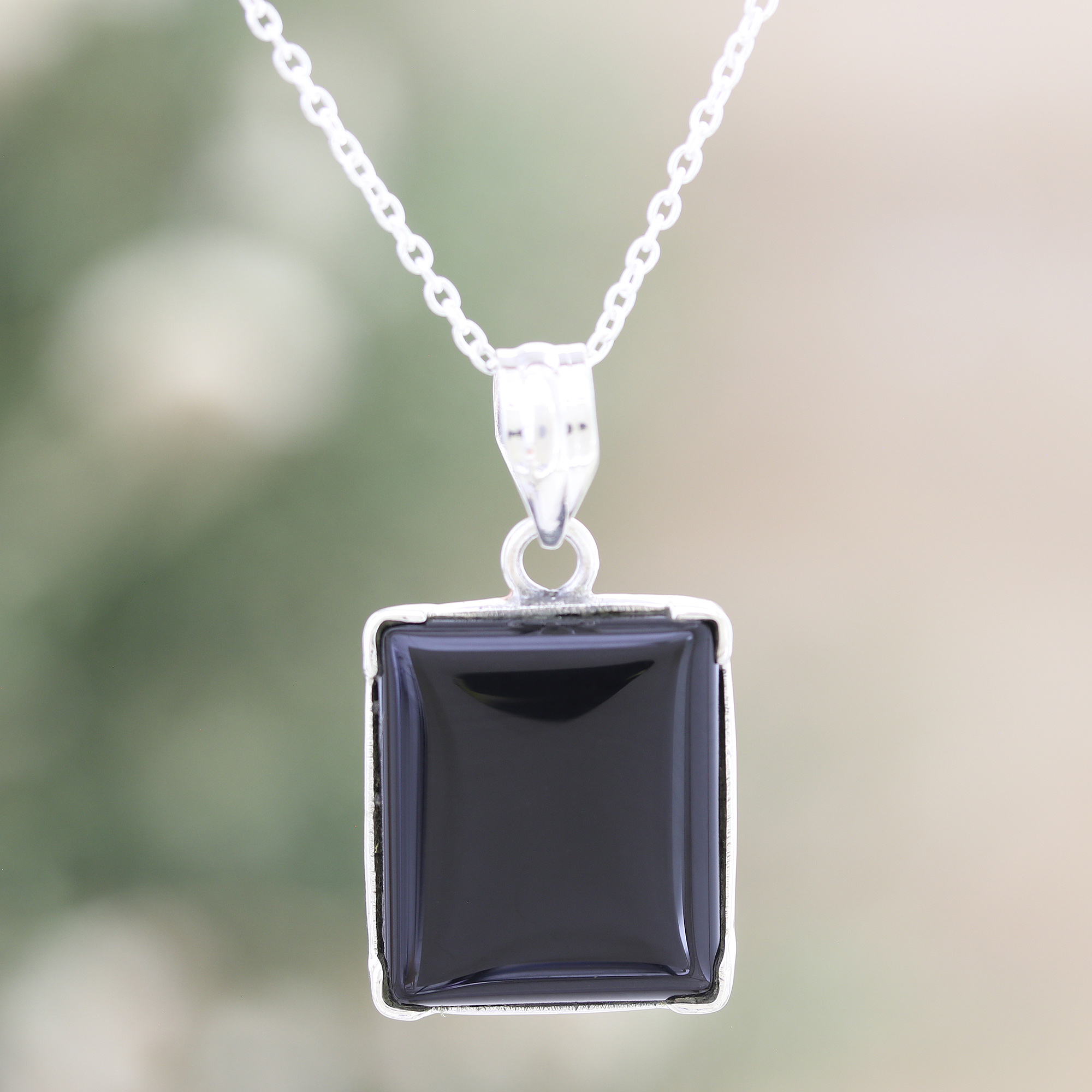 Sterling Silver Pendant Necklace with Geometric Onyx Gem, 'Modern Guardian'