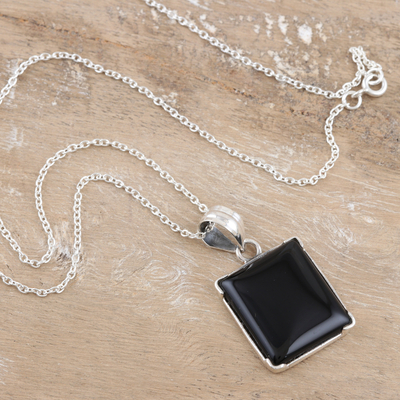 Onyx pendant necklace, 'Modern Guardian' - Sterling Silver Pendant Necklace with Geometric Onyx Gem