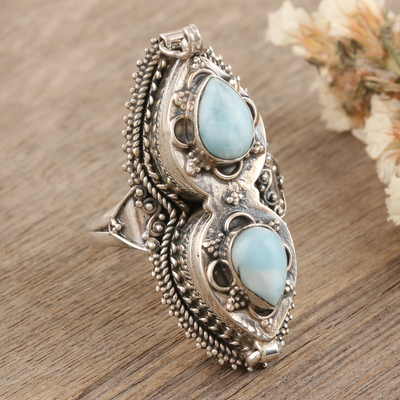 Sterling Silver Locket Ring with Natural Larimar Stones - Peace Treasure