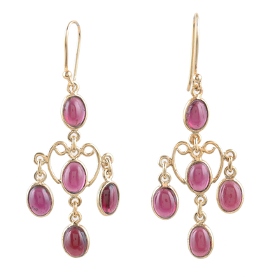 Gold-plated garnet chandelier earrings, 'Crimson Palace' - 14k Gold-Plated Chandelier Earrings with Natural Garnet Gems