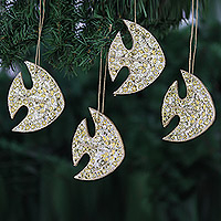 Beaded wood ornaments, 'Shiny Ocean' (set of 4) - Set of 4 Handmade Beaded Wood Fish Ornaments with Jute Cords