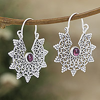 Garnet hoop earrings, 'Floral Wheel' - Sterling Silver Hoop Earrings with Garnets and Jali Accents