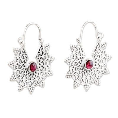 Garnet hoop earrings, 'Floral Wheel' - Sterling Silver Hoop Earrings with Garnets and Jali Accents