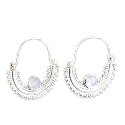 Rainbow moonstone half-hoop earrings, 'Misty Cradle' - Sterling Silver Half-Hoop Earrings with Rainbow Moonstones