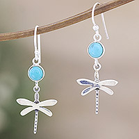 Reconstituted turquoise dangle earrings, 'Dragonfly Fantasy in Blue' - Reconstituted Turquoise and Silver Dragonfly Dangle Earrings