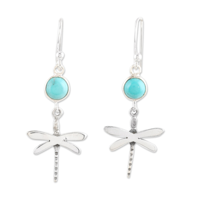 Reconstituted Turquoise and Silver Dragonfly Dangle Earrings