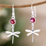 Garnet dangle earrings, 'Dragonfly Fantasy in Red' - Garnet and Sterling Silver Dangle Earrings of Dragonflies