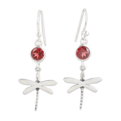 Garnet and Sterling Silver Dangle Earrings of Dragonflies
